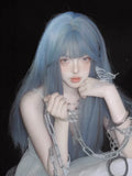 Load image into Gallery viewer, Blue and gray wig long hair Lolita subculture Qi bangs Korean girl group blue natural long straight hair full headgear