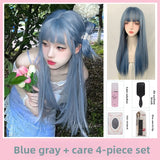 Load image into Gallery viewer, Mermaid blue wig female long hair new Qi bangs cute age reduction long straight hair Internet celebrity lolita full headgear