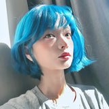 Load image into Gallery viewer, Small fry summer new sea blue JK wig short hair full head cover female hair color female group bobo head short straight hair