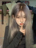 Load image into Gallery viewer, Wig female long straight hair new smoke gray full head cover medium long hair lolita wig cover daily straight hair
