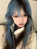 Load image into Gallery viewer, Long straight hair blue wig highlight dye bangs gradual change y2k full headgear female hottie burst top dye subculture punk jk