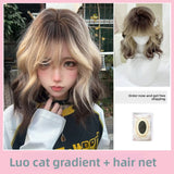 Load image into Gallery viewer, Siamese cat wig female short hair subculture Paris painting dye black gold gradual change daily short curly hair wool roll full headgear