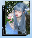 Load image into Gallery viewer, Mermaid blue wig female long hair new Qi bangs cute age reduction long straight hair Internet celebrity lolita full headgear