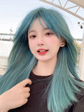 Load image into Gallery viewer, Wig long straight hair Internet celebrity lolita blue trim jk girl natural full headgear bangs realistic wig