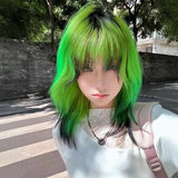 Load image into Gallery viewer, Y2K hottie short hair full hood Lolita mullet head green black highlights collarbone fluffy wavy natural short curly hair