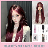 Load image into Gallery viewer, Red wig female long hair eight-character bangs long straight hair COS Internet celebrity JK natural imitation full real hair full headgear