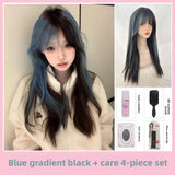 Load image into Gallery viewer, Long straight hair blue wig highlight dye bangs gradual change y2k full headgear female hottie burst top dye subculture punk jk