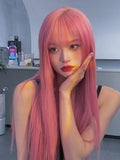 Load image into Gallery viewer, New pink wig female long straight hair lolita female group jk color tide oblique bangs hairstyle full headgear