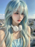Load image into Gallery viewer, Forehead lace Internet celebrity mint blue wig women full head cover air bangs trendy long straight hair long hair universal cos