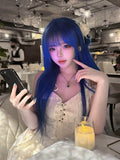 Load image into Gallery viewer, Internet celebrities with long straight hair wig female summer natural full headgear blue fashion simulation sweet versatile full headgear
