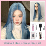 Load image into Gallery viewer, Forehead lace mermaid blue medium length hair wig Internet celebrity hazy high level medium length straight hair whole JK wig
