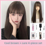 Load image into Gallery viewer, Wig female summer long hair natural full head cover black long straight hair fashion air bangs simulation Internet celebrity full head wig