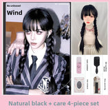 Load image into Gallery viewer, Black wig female long hair full hood halloween cos Wednesday Adams same braided long straight hair