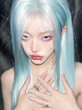 Load image into Gallery viewer, Mint blue wig female full head cover forehead lace eight-character bangs trendy long straight hair long hair universal cos