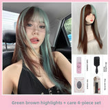 Load image into Gallery viewer, Thin wig long straight hair green gradual change black Lolita Lolita round face natural air bangs sweet and spicy wind