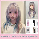 Load image into Gallery viewer, Wig female unicorn pink blue gradual change clavicle hair y2k Internet celebrity subculture high level short straight hair full hood