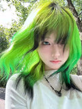 Load image into Gallery viewer, Y2K hottie short hair full hood Lolita mullet head green black highlights collarbone fluffy wavy natural short curly hair