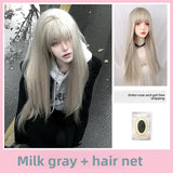 Load image into Gallery viewer, Gray wig female long straight hair Internet celebrity lolita trim jk girl natural full headgear bangs realistic wig