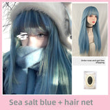 Load image into Gallery viewer, Blue wig Internet celebrity cute long hair full hood long straight hair y2k trendy color sweet cool hair color