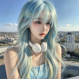 Load image into Gallery viewer, Forehead lace Internet celebrity mint blue wig women full head cover air bangs trendy long straight hair long hair universal cos