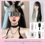 Load image into Gallery viewer, Mermaid blue wig female long hair new Qi bangs cute age reduction long straight hair Internet celebrity lolita full headgear