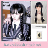 Load image into Gallery viewer, Black wig female long hair full hood halloween cos Wednesday Adams same braided long straight hair