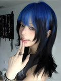 Load image into Gallery viewer, Halloween wig short hair Abia culture women black and blue highlights gradual change sex wolf tail long hair color full hood