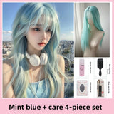 Load image into Gallery viewer, Forehead lace Internet celebrity mint blue wig women full head cover air bangs trendy long straight hair long hair universal cos