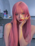 Load image into Gallery viewer, New pink wig female long straight hair lolita female group jk color tide oblique bangs hairstyle full headgear