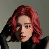 Load image into Gallery viewer, Japanese and Korean wig women's short hair Lolita medium point red girl group slightly warped hair daily wavy short curly hair full headgear