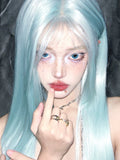 Load image into Gallery viewer, Mint blue wig female full head cover forehead lace eight-character bangs trendy long straight hair long hair universal cos