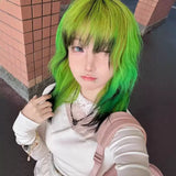 Load image into Gallery viewer, Y2K hottie short hair full hood Lolita mullet head green black highlights collarbone fluffy wavy natural short curly hair
