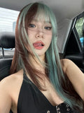 Load image into Gallery viewer, Thin wig long straight hair green gradual change black Lolita Lolita round face natural air bangs sweet and spicy wind