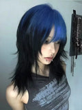Load image into Gallery viewer, Halloween wig short hair Abia culture women black and blue highlights gradual change sex wolf tail long hair color full hood