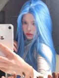 Load image into Gallery viewer, Forehead lace mermaid blue medium length hair wig Internet celebrity hazy high level medium length straight hair whole JK wig