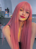 Load image into Gallery viewer, New pink wig female long straight hair lolita female group jk color tide oblique bangs hairstyle full headgear