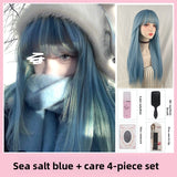 Load image into Gallery viewer, Blue wig Internet celebrity cute long hair full hood long straight hair y2k trendy color sweet cool hair color