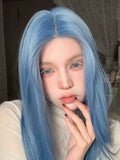 Load image into Gallery viewer, Forehead lace mermaid blue medium length hair wig Internet celebrity hazy high level medium length straight hair whole JK wig