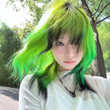 Load image into Gallery viewer, Y2K hottie short hair full hood Lolita mullet head green black highlights collarbone fluffy wavy natural short curly hair