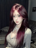 Load image into Gallery viewer, Red wig female long hair eight-character bangs long straight hair COS Internet celebrity JK natural imitation full real hair full headgear