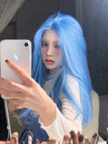 Load image into Gallery viewer, Forehead lace mermaid blue medium length hair wig Internet celebrity hazy high level medium length straight hair whole JK wig