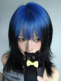 Load image into Gallery viewer, Halloween wig short hair Abia culture women black and blue highlights gradual change sex wolf tail long hair color full hood