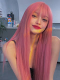 Load image into Gallery viewer, New pink wig female long straight hair lolita female group jk color tide oblique bangs hairstyle full headgear