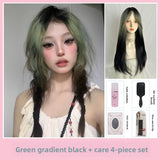 Load image into Gallery viewer, Green gradual change wig paris painting dye highlights women full head cover European and American long straight hair lolita