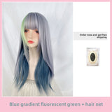 Load image into Gallery viewer, Blue highlights green highlights wig subculture y2k full headgear female pop top dye daily color Internet celebrity long straight hair