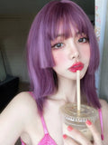 Load image into Gallery viewer, Wig girl summer medium long hair collarbone hair comic thin vine purple round face trimming princess cut ji hair style Qi bangs hair cover