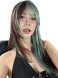 Load image into Gallery viewer, Thin wig long straight hair green gradual change black Lolita Lolita round face natural air bangs sweet and spicy wind