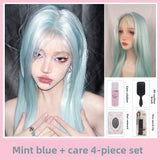 Load image into Gallery viewer, Mint blue wig female full head cover forehead lace eight-character bangs trendy long straight hair long hair universal cos