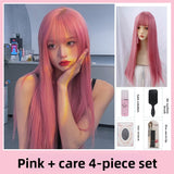 Load image into Gallery viewer, New pink wig female long straight hair lolita female group jk color tide oblique bangs hairstyle full headgear