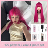 Load image into Gallery viewer, Rose pink wig female long straight hair cute full hood full top girl group JK female long hair Y2K temperament lolita